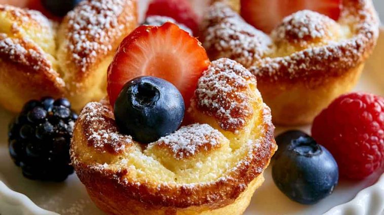 Mini German pancakes puffed and golden, topped with powdered sugar and berries.