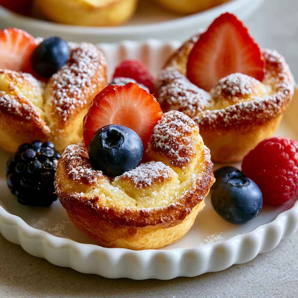 Mini German pancakes puffed and golden, topped with powdered sugar and berries.