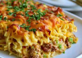 Cheesy hearty casserole baked golden and served warm on a plate.