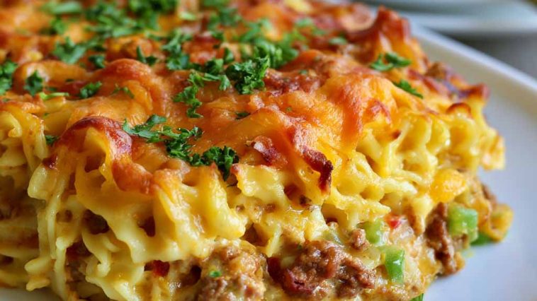 Cheesy hearty casserole baked golden and served warm on a plate.