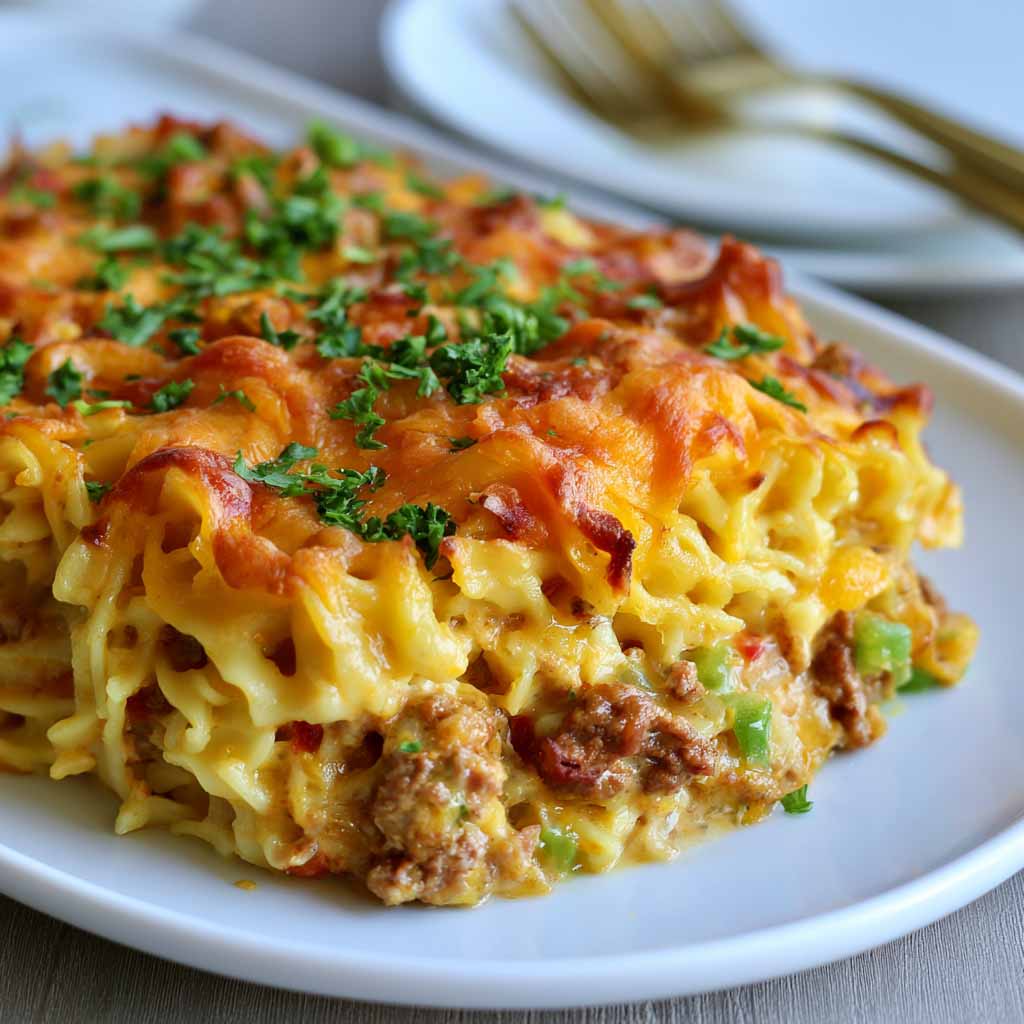 Cheesy hearty casserole baked golden and served warm on a plate.