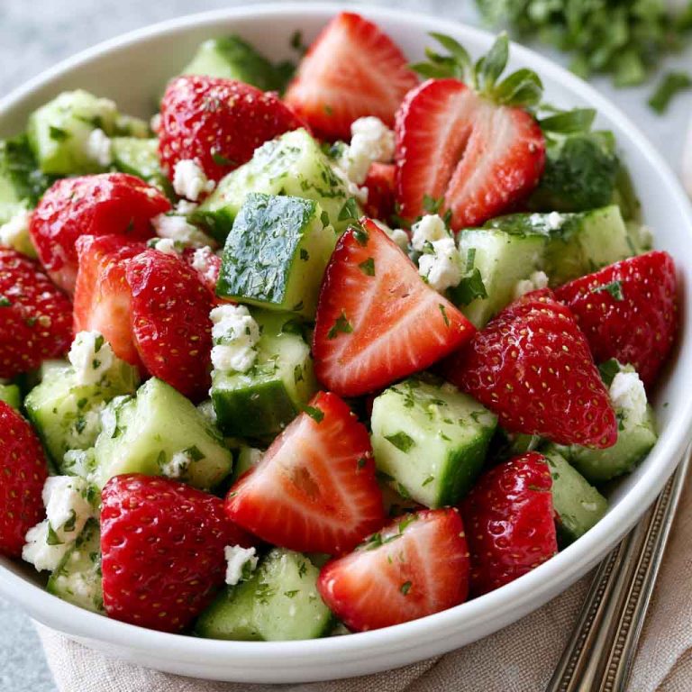 Fresh cucumber strawberry salad with sliced strawberries and cucumbers.