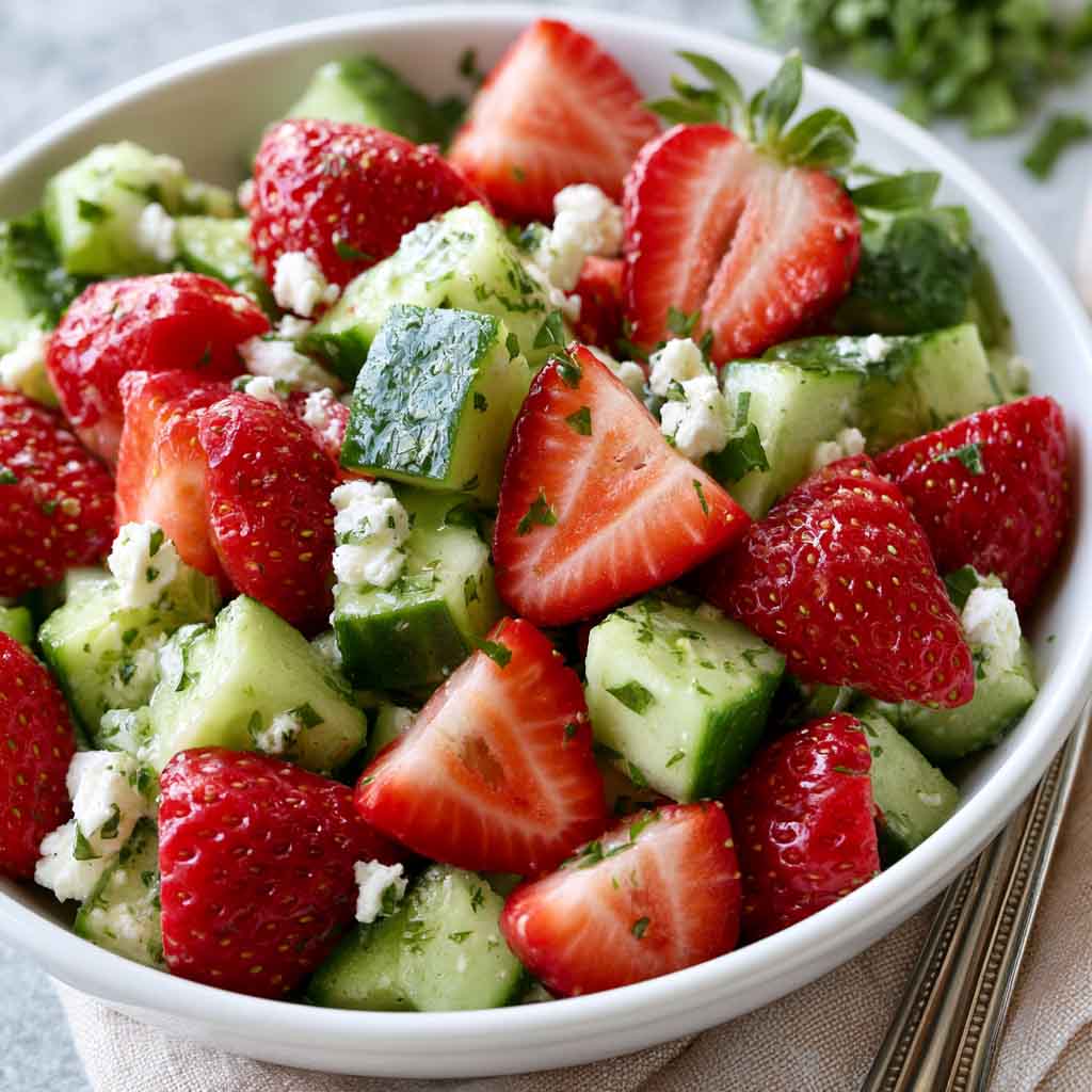 Fresh cucumber strawberry salad with sliced strawberries and cucumbers.