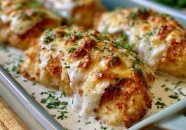 Juicy sour cream and onion chicken baked in a creamy sauce with golden crispy topping, garnished with herbs.