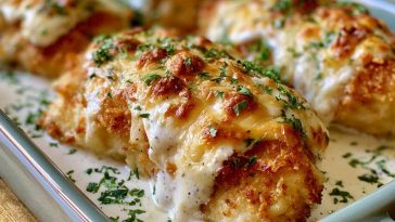 Juicy sour cream and onion chicken baked in a creamy sauce with golden crispy topping, garnished with herbs.