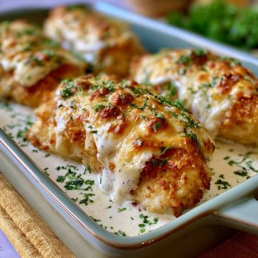 Juicy sour cream and onion chicken baked in a creamy sauce with golden crispy topping, garnished with herbs.