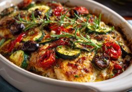 Baked chicken with zucchini, herbs, and Mediterranean flavors in a casserole dish.
