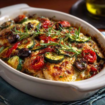 Baked chicken with zucchini, herbs, and Mediterranean flavors in a casserole dish.