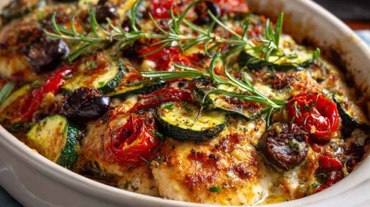 Baked chicken with zucchini, herbs, and Mediterranean flavors in a casserole dish.
