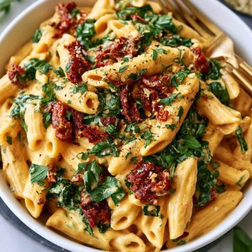 Creamy vegan pasta with sun-dried tomatoes in a rich dairy-free sauce.