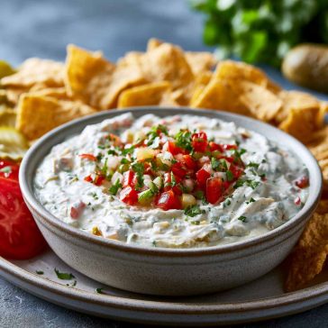 Creamy pickle de gallo ranch dip with chopped pickles and herbs.