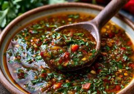 Smoky red chimichurri sauce made with roasted red peppers, garlic, herbs, and olive oil, served in a bowl with a spoon.