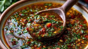 Smoky red chimichurri sauce made with roasted red peppers, garlic, herbs, and olive oil, served in a bowl with a spoon.