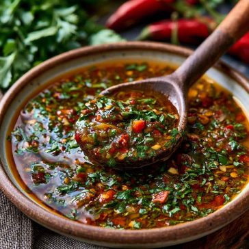Smoky red chimichurri sauce made with roasted red peppers, garlic, herbs, and olive oil, served in a bowl with a spoon.