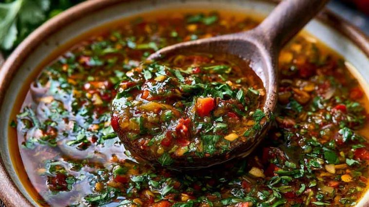 Smoky red chimichurri sauce made with roasted red peppers, garlic, herbs, and olive oil, served in a bowl with a spoon.