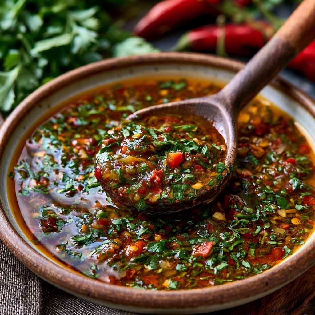 Smoky red chimichurri sauce made with roasted red peppers, garlic, herbs, and olive oil, served in a bowl with a spoon.