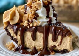 Chocolate peanut butter pie with a creamy peanut butter filling and rich chocolate topping, served in a slice with whipped cream.