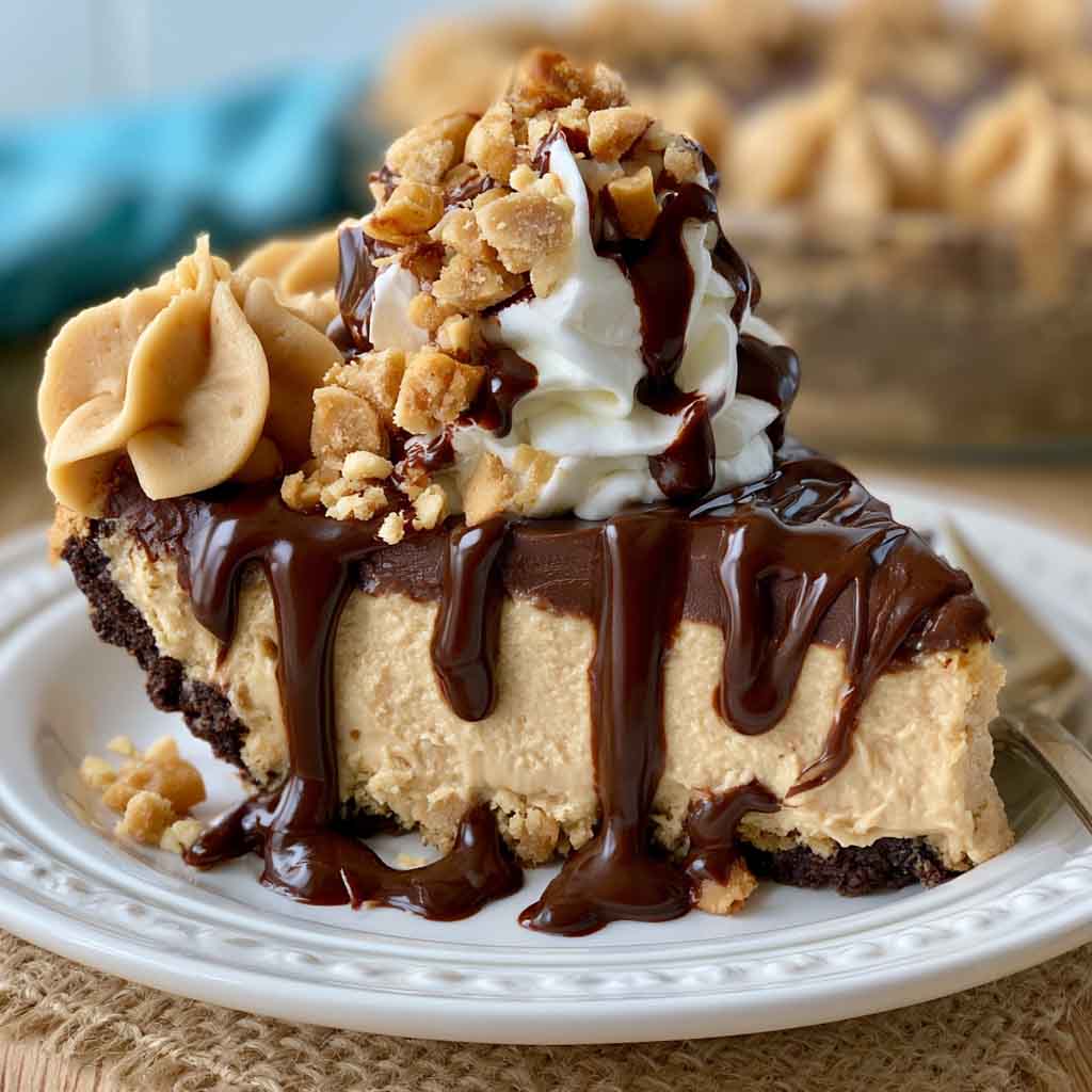 Chocolate peanut butter pie with a creamy peanut butter filling and rich chocolate topping, served in a slice with whipped cream.