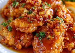 Crispy honey garlic chicken coated in a sticky sweet sauce, served hot and garnished with sesame seeds and green onions.