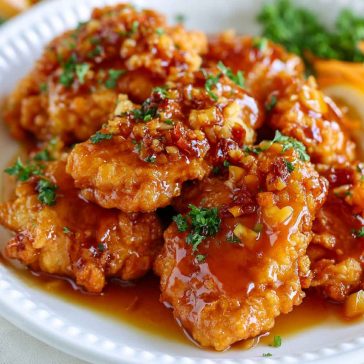 Crispy honey garlic chicken coated in a sticky sweet sauce, served hot and garnished with sesame seeds and green onions.