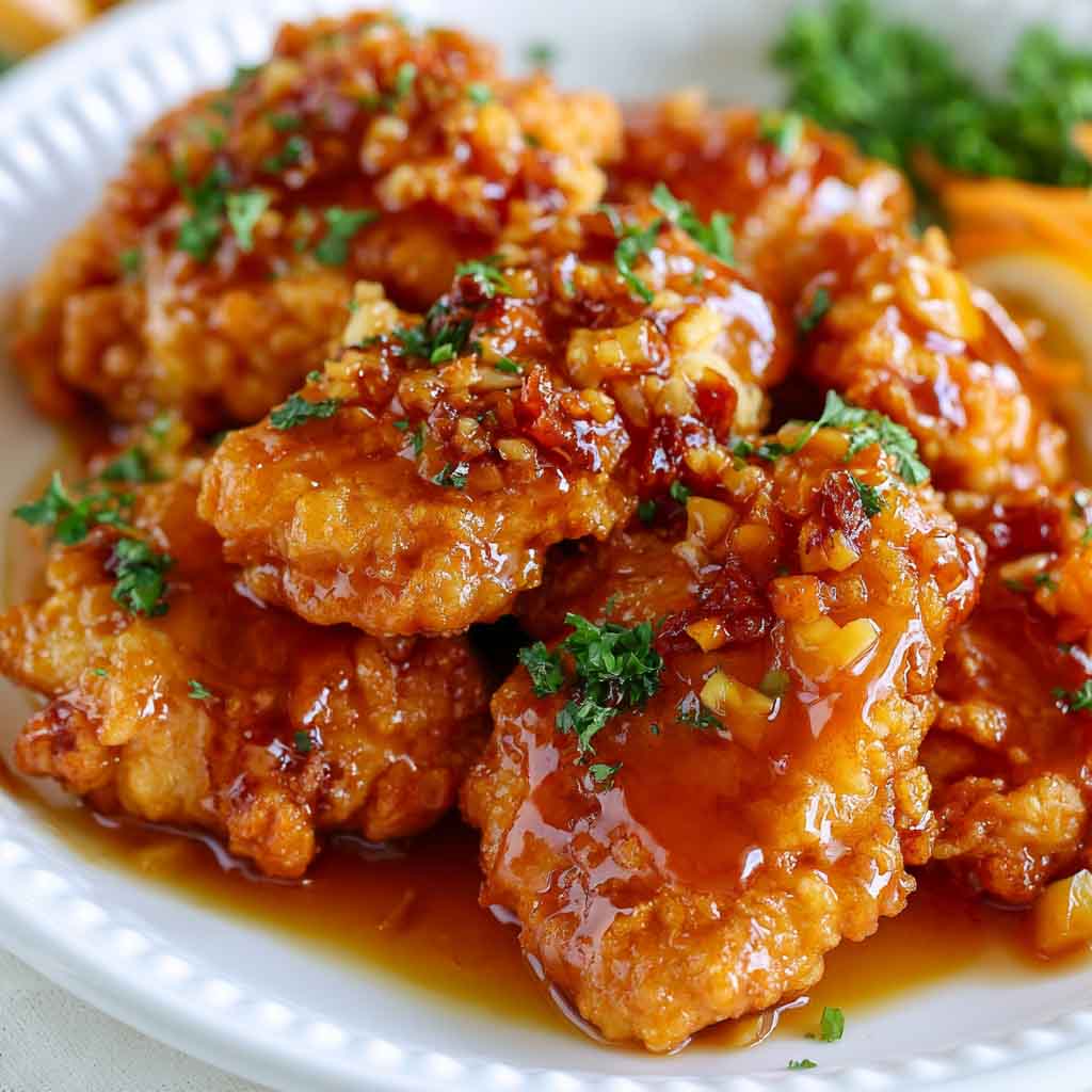 Crispy honey garlic chicken coated in a sticky sweet sauce, served hot and garnished with sesame seeds and green onions.
