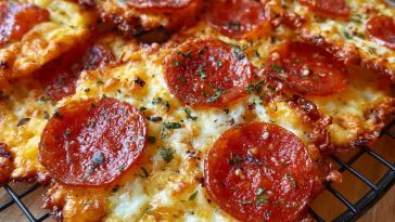 Crispy pepperoni cheese crisps baked until golden, with melted cheese and slightly curled pepperoni slices.