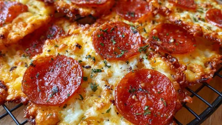 Crispy pepperoni cheese crisps baked until golden, with melted cheese and slightly curled pepperoni slices.
