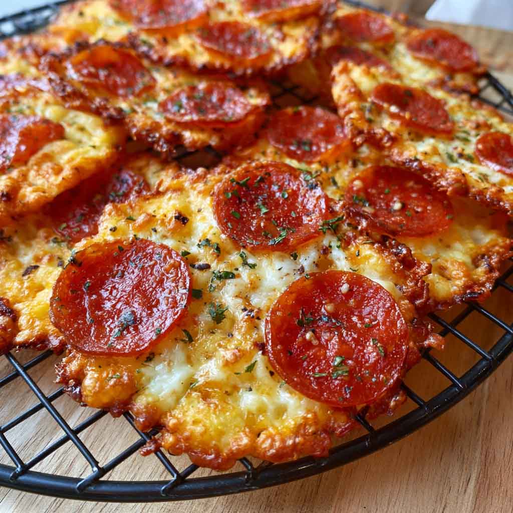 Crispy pepperoni cheese crisps baked until golden, with melted cheese and slightly curled pepperoni slices.