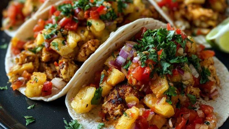 Sheet pan chicken tacos with chipotle seasoning, roasted pineapple, and fresh toppings served in warm tortillas.