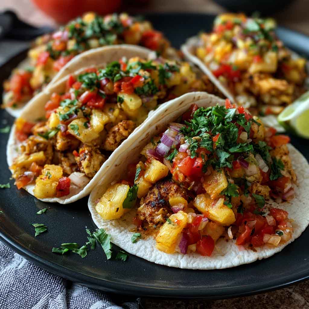 Sheet pan chicken tacos with chipotle seasoning, roasted pineapple, and fresh toppings served in warm tortillas.