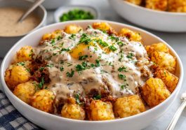 Crispy tater tots topped with sausage gravy, eggs, and melted cheese in a bowl.