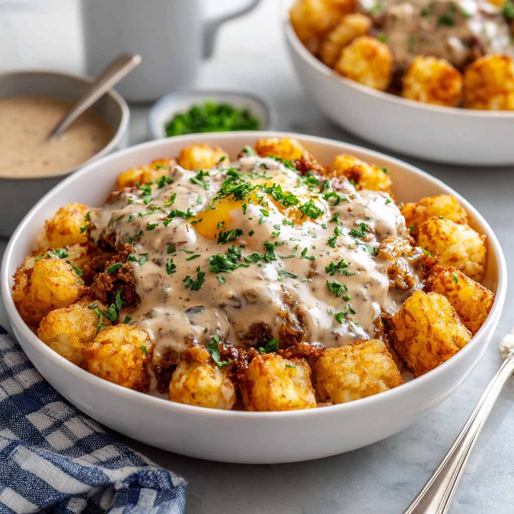 Crispy tater tots topped with sausage gravy, eggs, and melted cheese in a bowl.