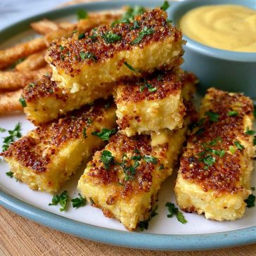 Crispy tofu tenders coated in honey mustard glaze, golden and flavorful.