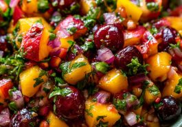Fresh peach and cherry salsa with vibrant colors and a zesty mix of ingredients.
