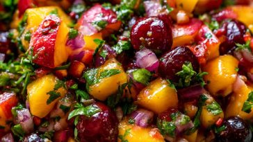 Fresh peach and cherry salsa with vibrant colors and a zesty mix of ingredients.
