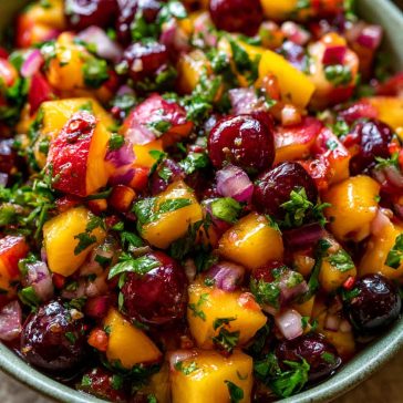 Fresh peach and cherry salsa with vibrant colors and a zesty mix of ingredients.