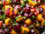Fresh peach and cherry salsa with vibrant colors and a zesty mix of ingredients.