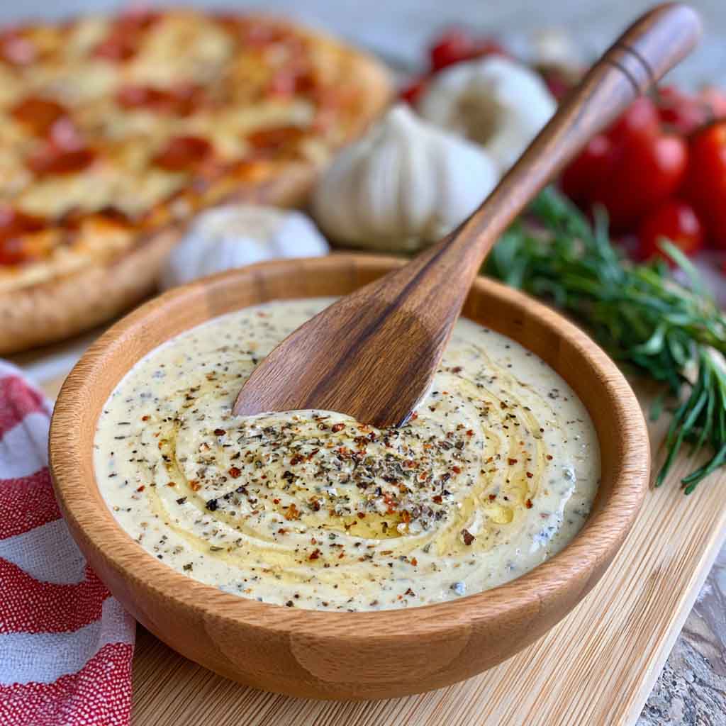 Creamy garlic sauce served in a bowl alongside pizza slices.