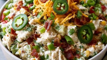 High protein jalapeño popper chicken salad with chicken, jalapeños, and creamy dressing.
