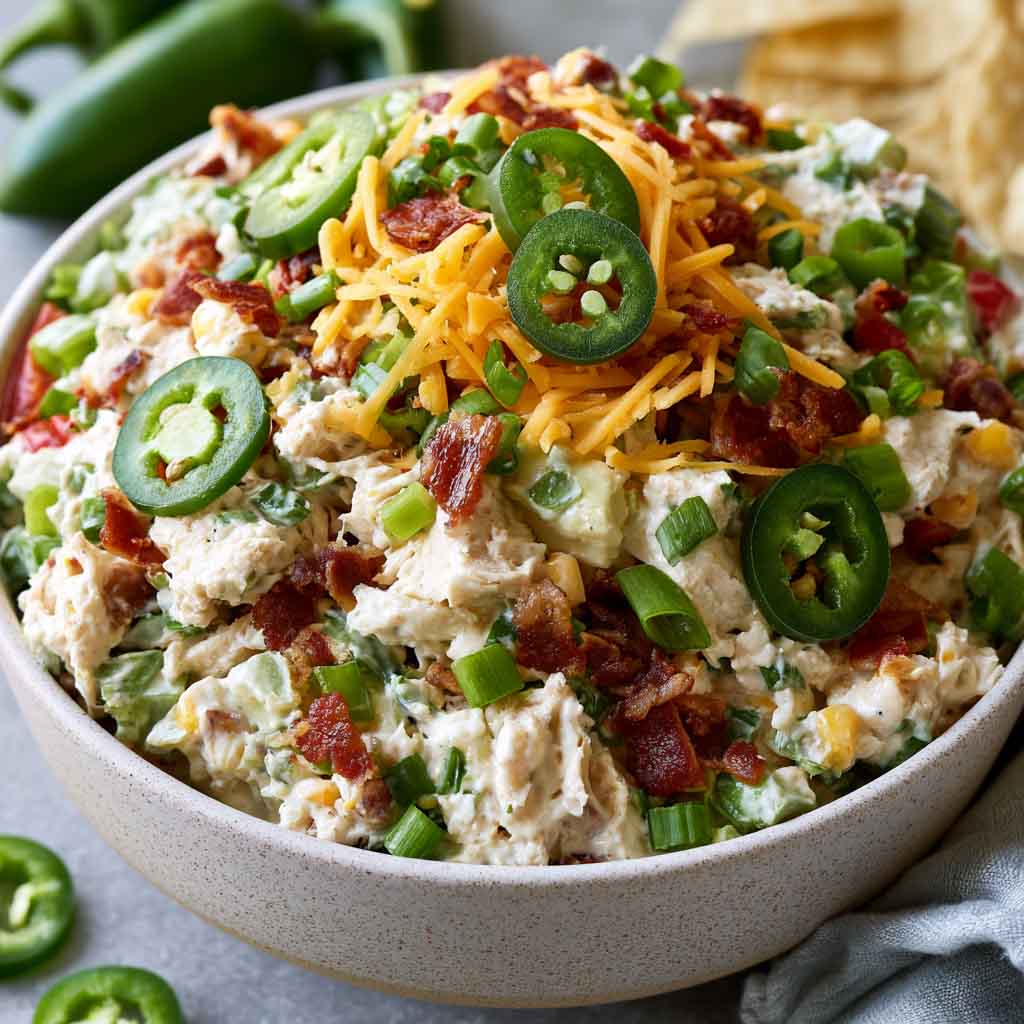 High protein jalapeño popper chicken salad with chicken, jalapeños, and creamy dressing.