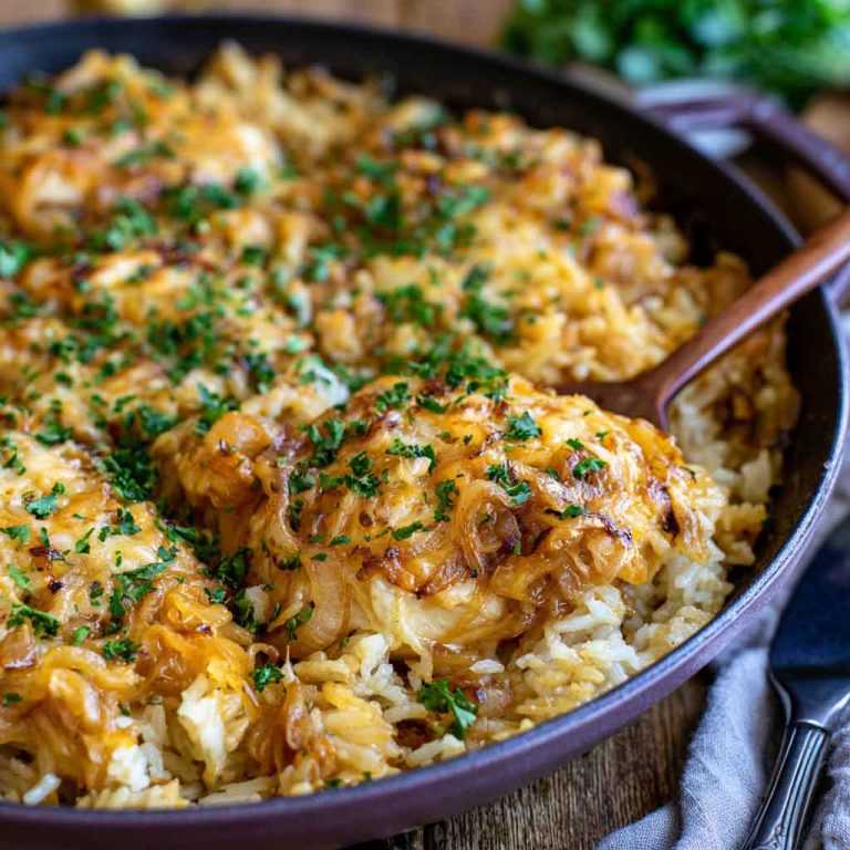 One-pot French onion chicken and rice topped with melted cheese.