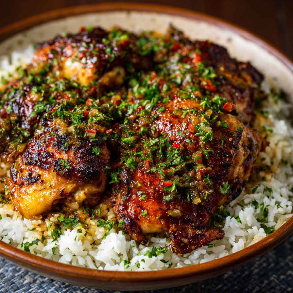 Brazilian galinhada with chicken and seasoned rice, hearty and colorful.