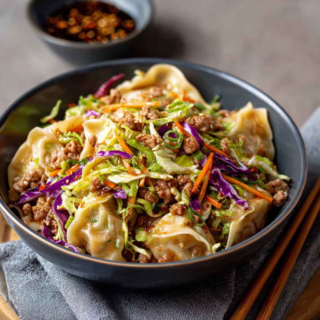 Noodle bowl with savory pork, cabbage slaw, and potsticker-style sauce.