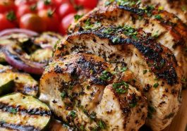 Mediterranean chicken marinade with olive oil, lemon, garlic, and herbs coating raw chicken in a bowl.