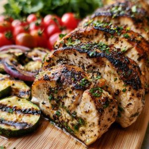 Mediterranean chicken marinade with olive oil, lemon, garlic, and herbs coating raw chicken in a bowl.