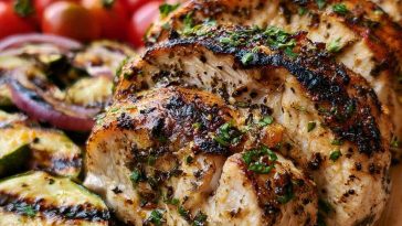 Mediterranean chicken marinade with olive oil, lemon, garlic, and herbs coating raw chicken in a bowl.