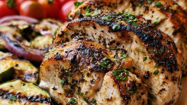 Mediterranean chicken marinade with olive oil, lemon, garlic, and herbs coating raw chicken in a bowl.