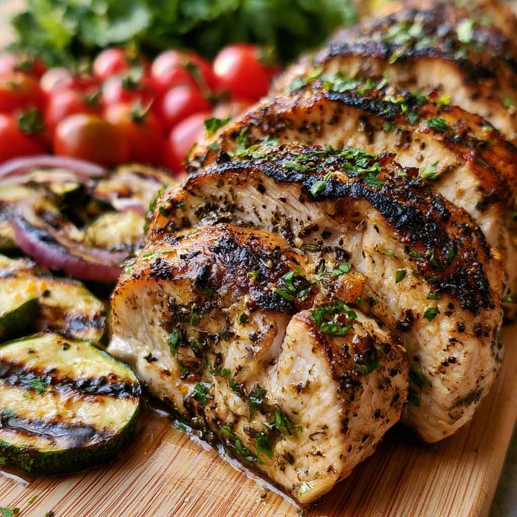 Mediterranean chicken marinade with olive oil, lemon, garlic, and herbs coating raw chicken in a bowl.