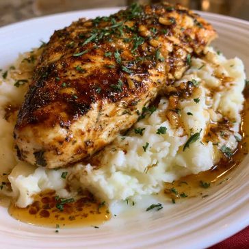 Juicy glazed garlic herb chicken breast served over creamy mashed potatoes with rich pan sauce drizzled on top.