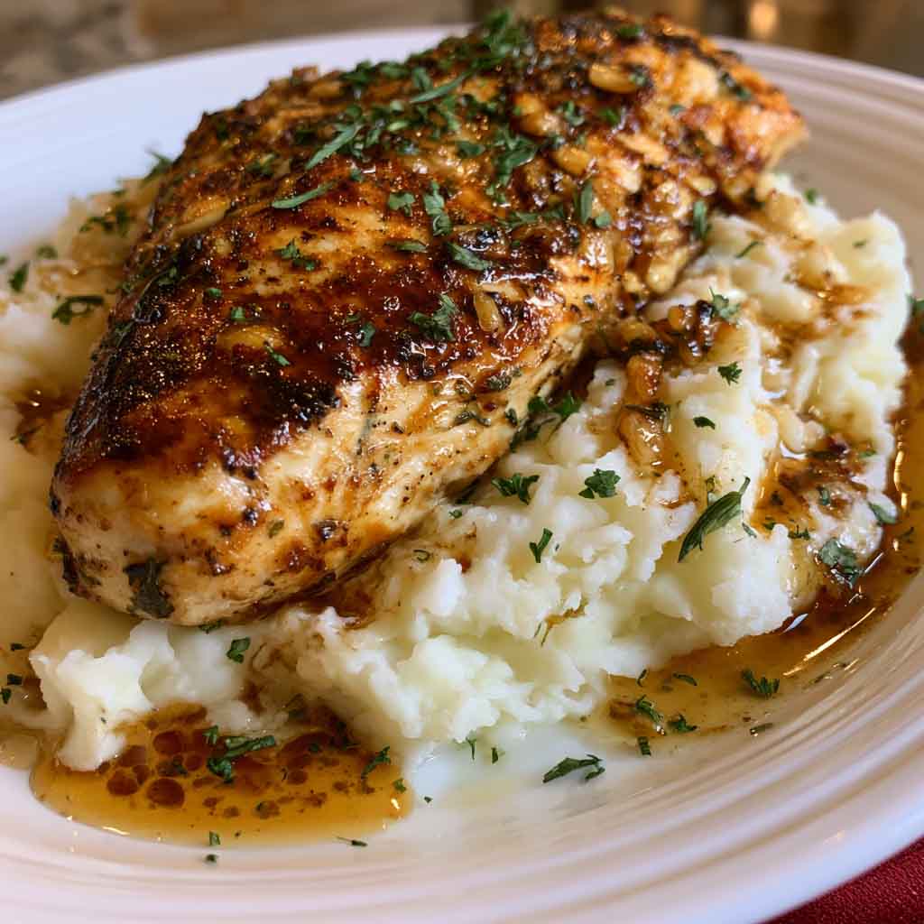 Juicy glazed garlic herb chicken breast served over creamy mashed potatoes with rich pan sauce drizzled on top.